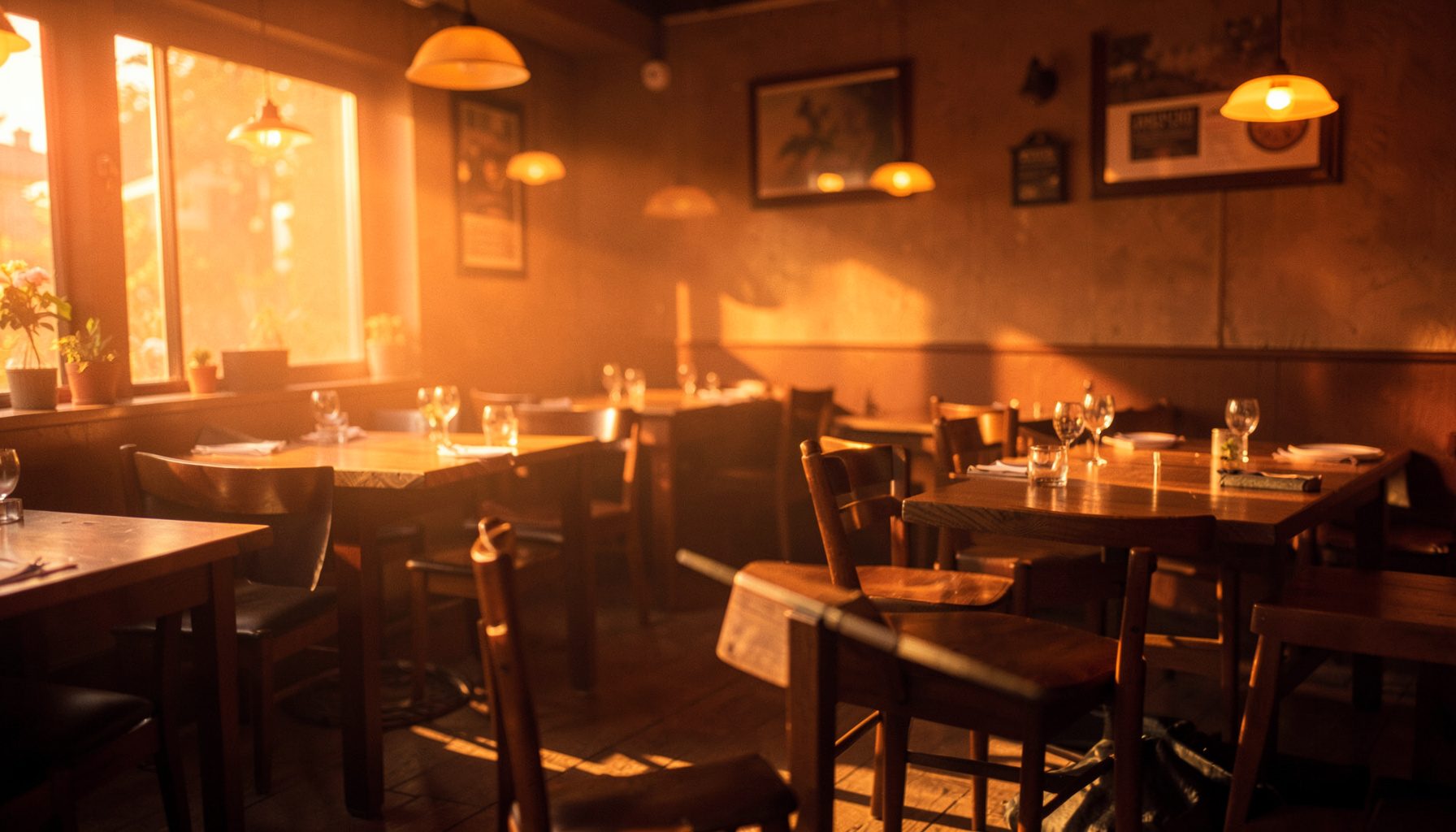 Warm interior of a cozy restaurant with wooden tables and soft amber lighting, golden and brown tones