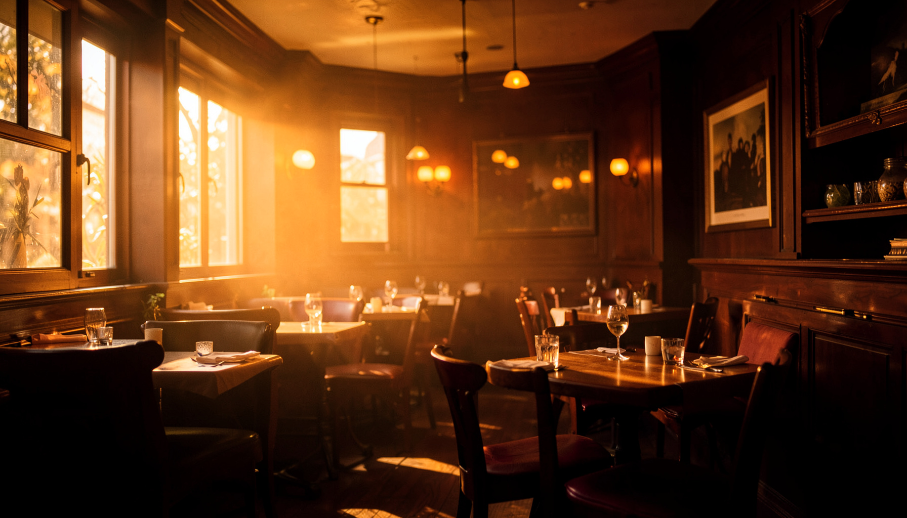 Warm interior of a cozy restaurant with ambient lighting, dark wood tones, and golden accents