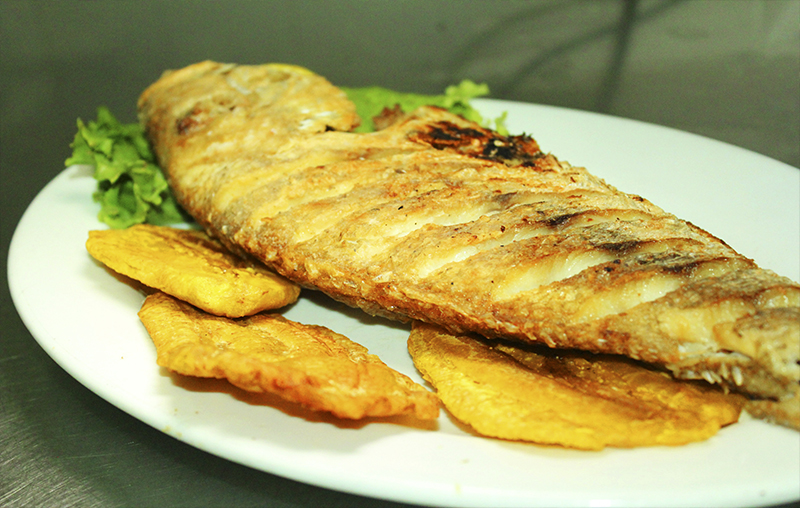 Grilled whole fish fillet with fried plantain slices and lettuce on a white plate; golden brown and green colors