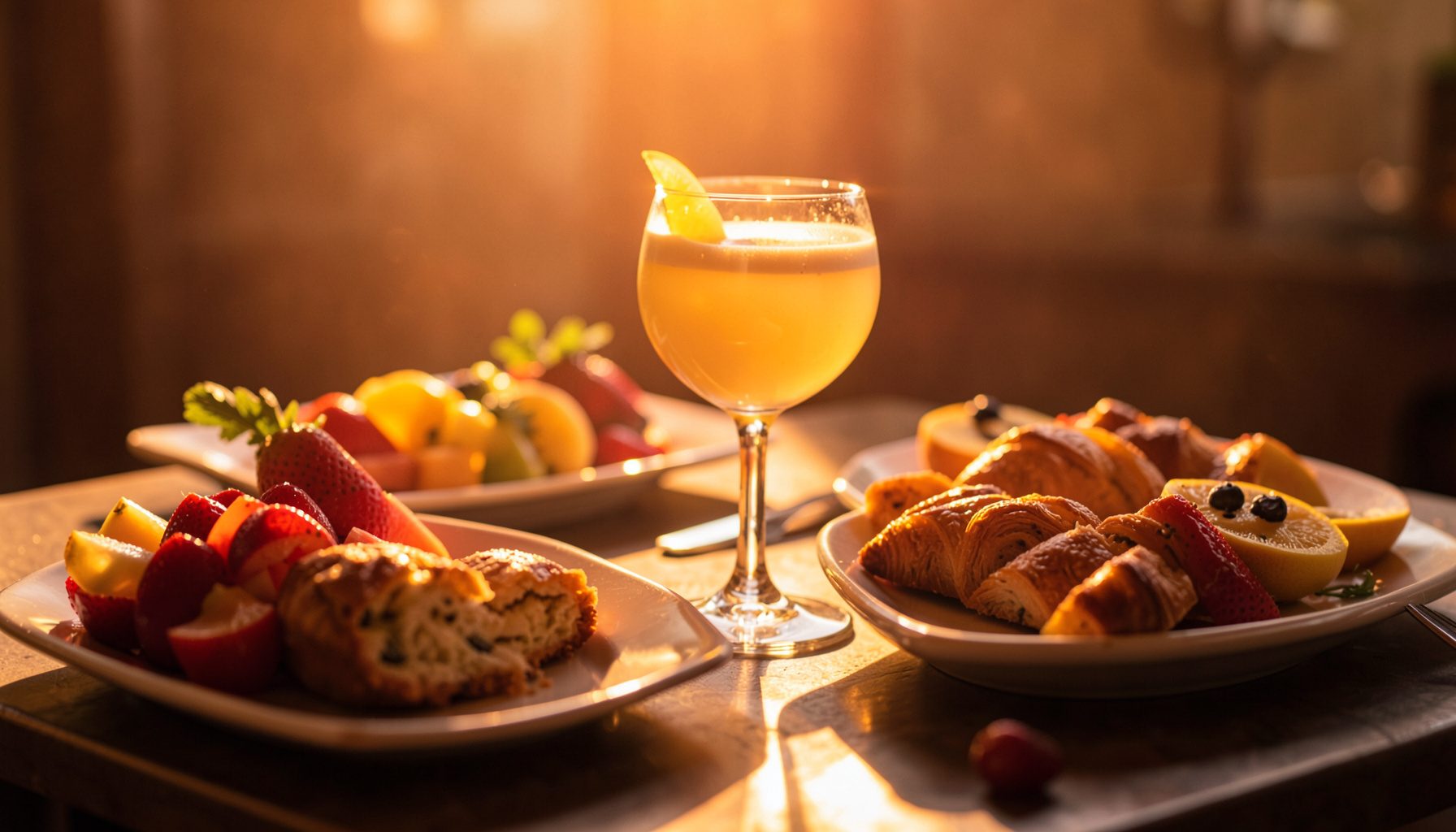 Warm golden-hour photograph of a brunch table with fresh fruit, pastries, and a mimosa glass, rich amber and cream tones