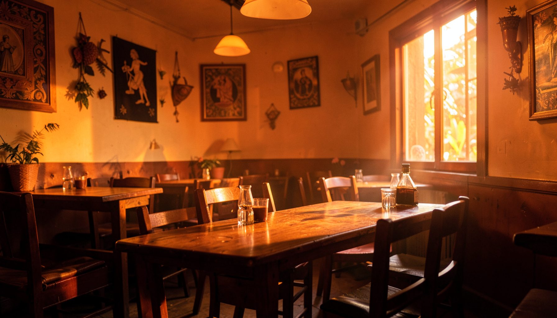 Warm interior of a cozy restaurant with wooden tables, soft amber lighting, and Colombian decor accents